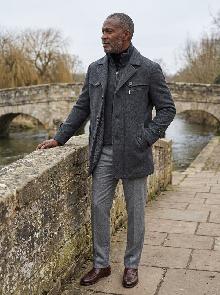 Sherwood car coat in Grey, lifestyle on a stone footbridge, Gentlemens Manor