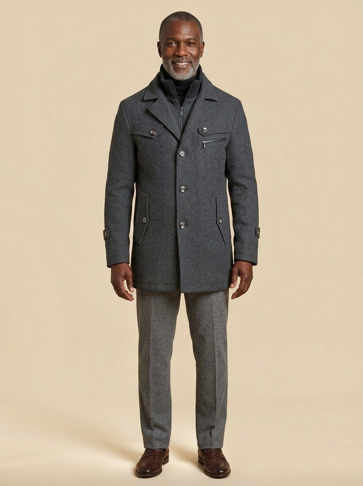 Sherwood car coat in Grey, studio, Gentlemens Manor