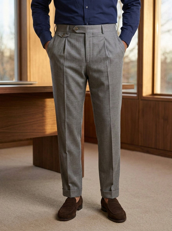Sidney pleated dress pants in Grey, lifestyle, Gentlemens Manor