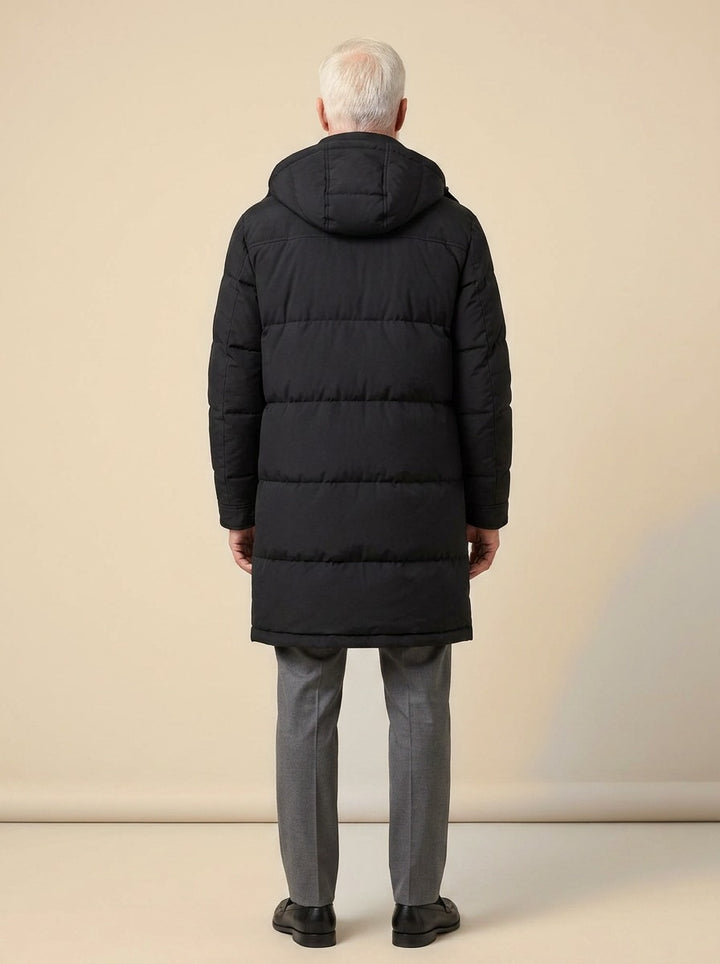 Silas puffer coat in Black, back view, Gentlemens Manor