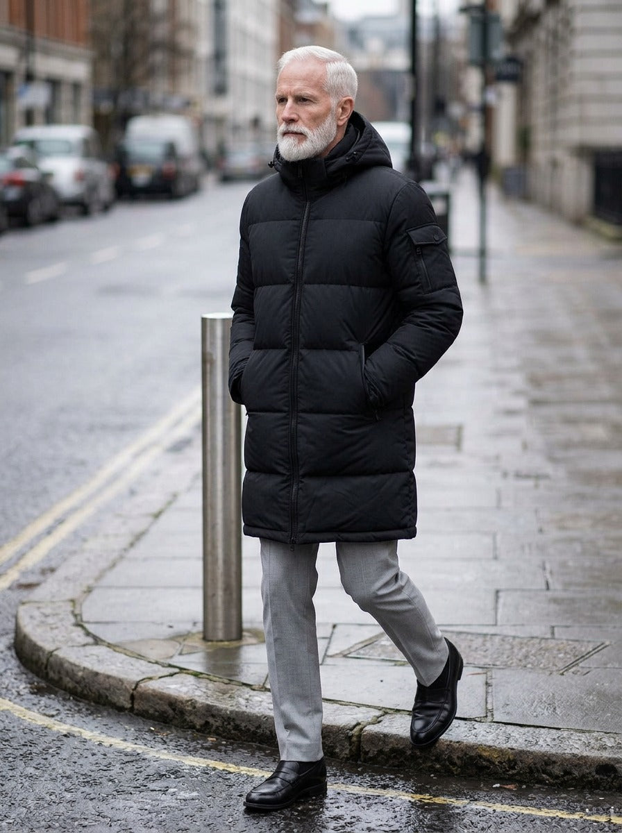 Silas puffer coat in Black, lifestyle, Gentlemens Manor