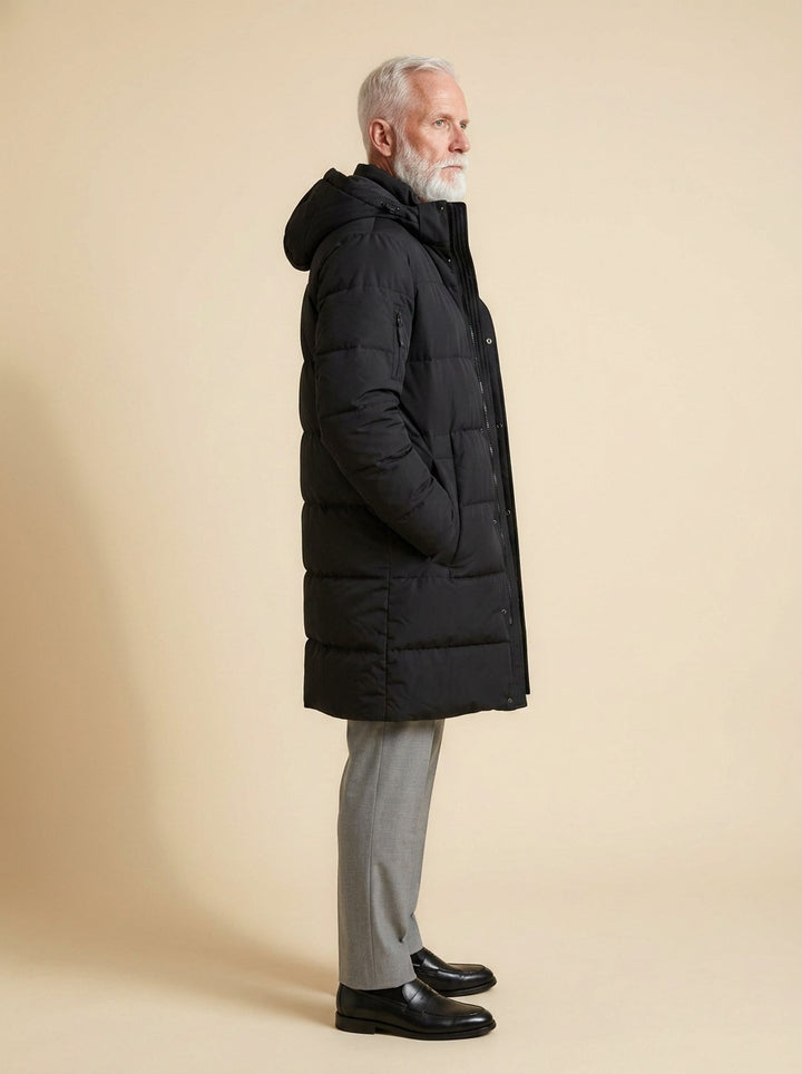 Silas puffer coat in Black, side view, Gentlemens Manor