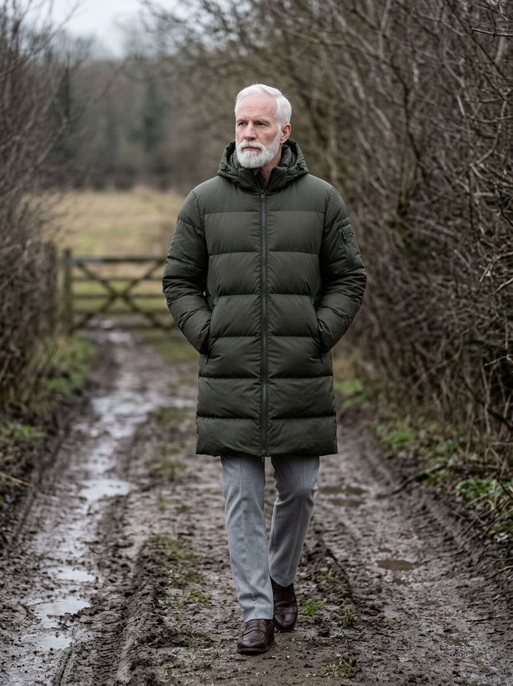 Silas puffer coat in Green, lifestyle, Gentlemens Manor