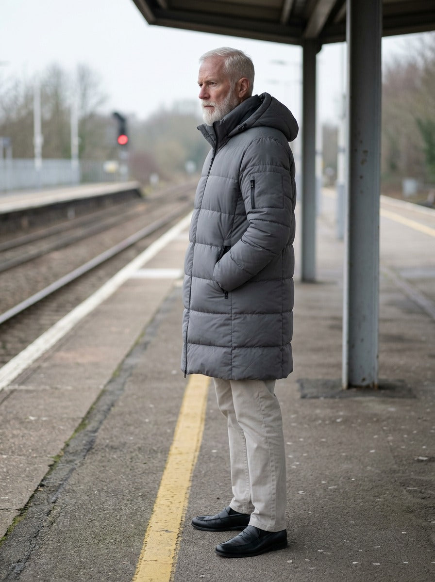 Silas puffer coat in Grey, lifestyle, Gentlemens Manor