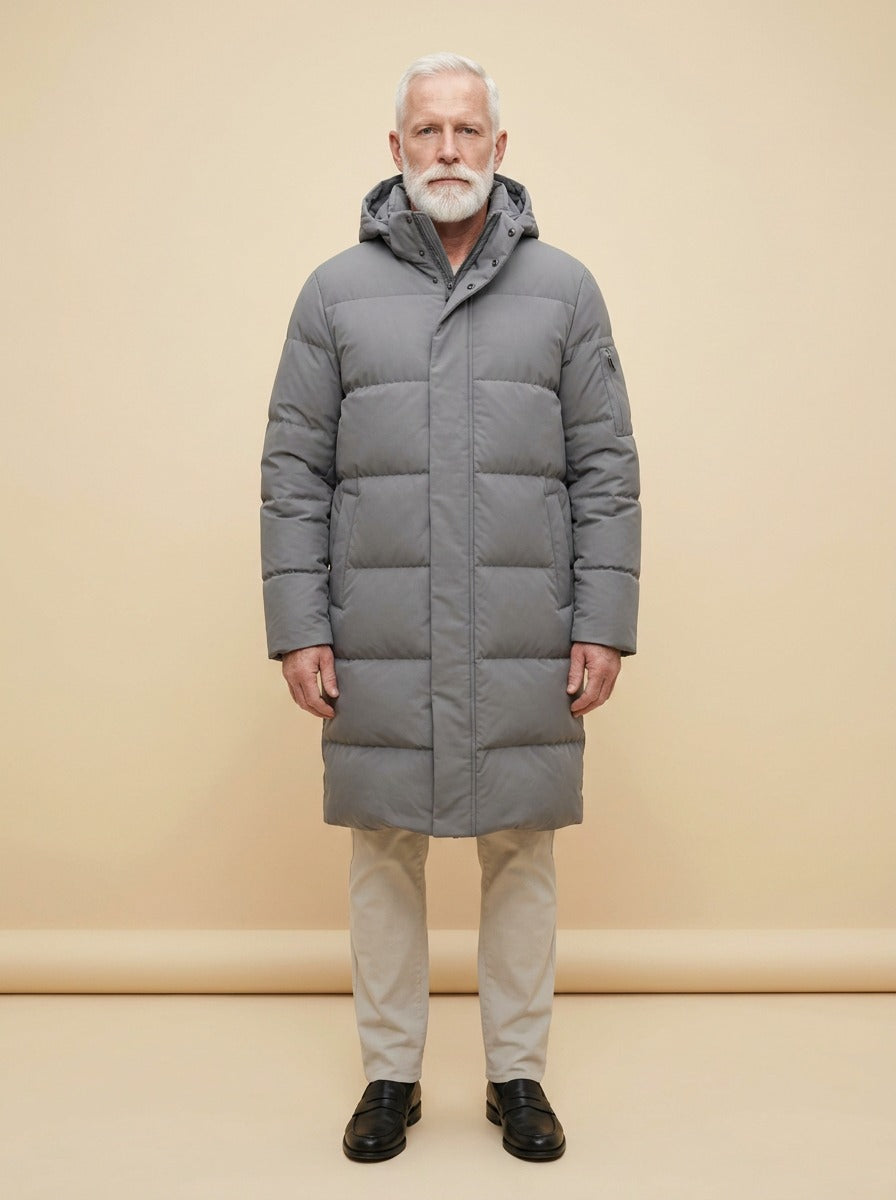 Silas puffer coat in Grey, studio, Gentlemens Manor