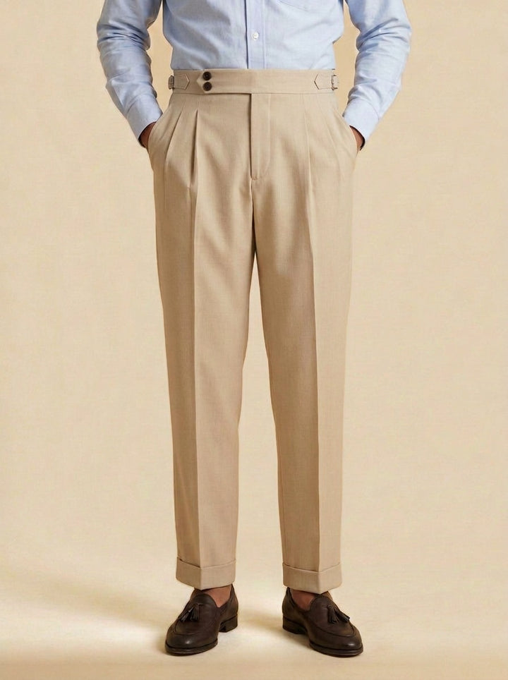 Somerset side buckle pleated trousers in Beige, studio, Gentlemens Manor