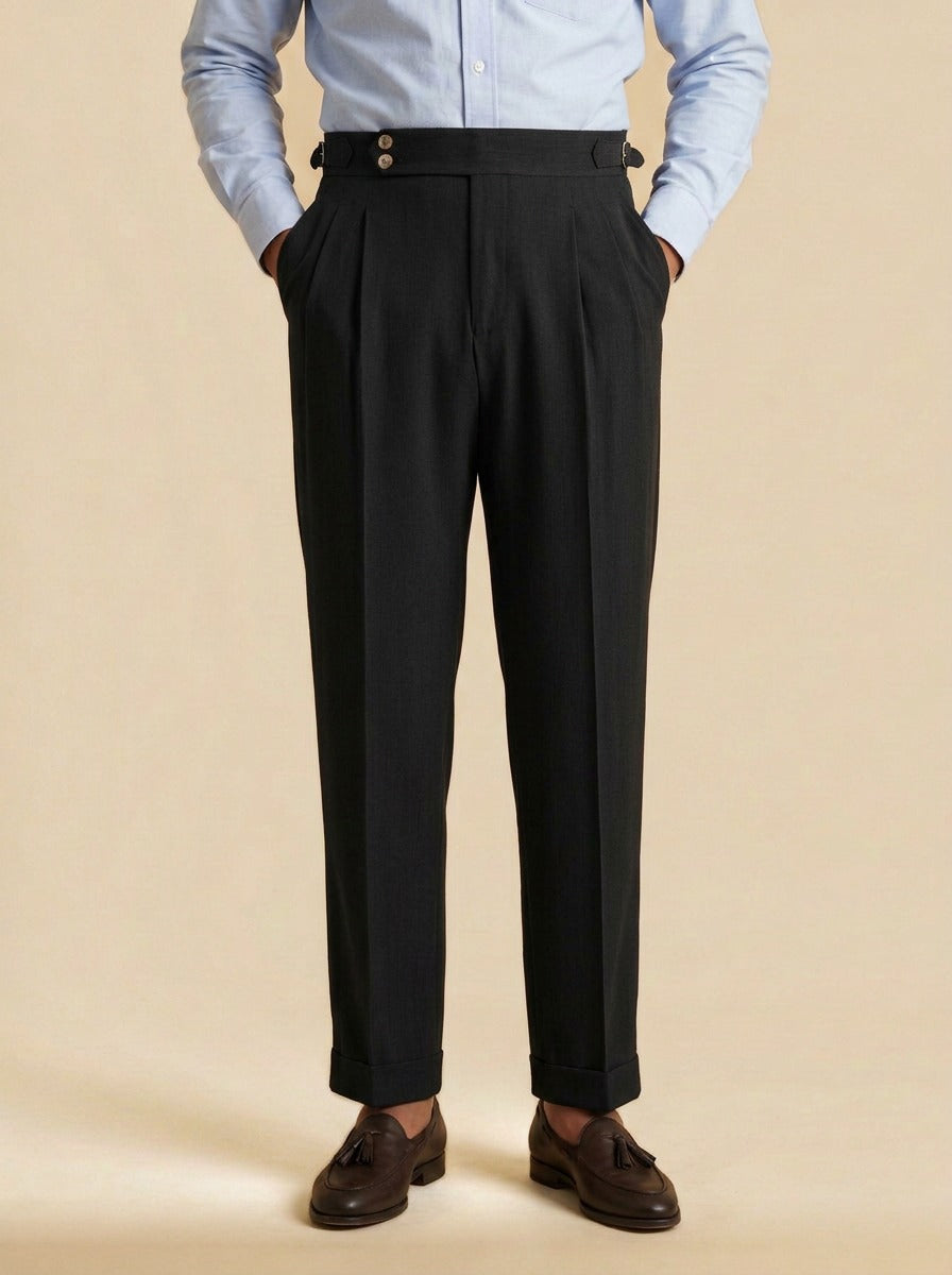 Somerset side buckle pleated trousers in Black, studio, Gentlemens Manor