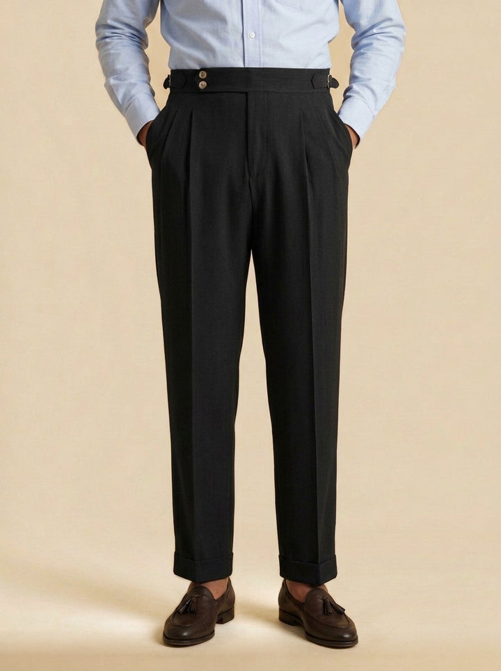 Somerset side buckle pleated trousers in Black, studio, Gentlemens Manor