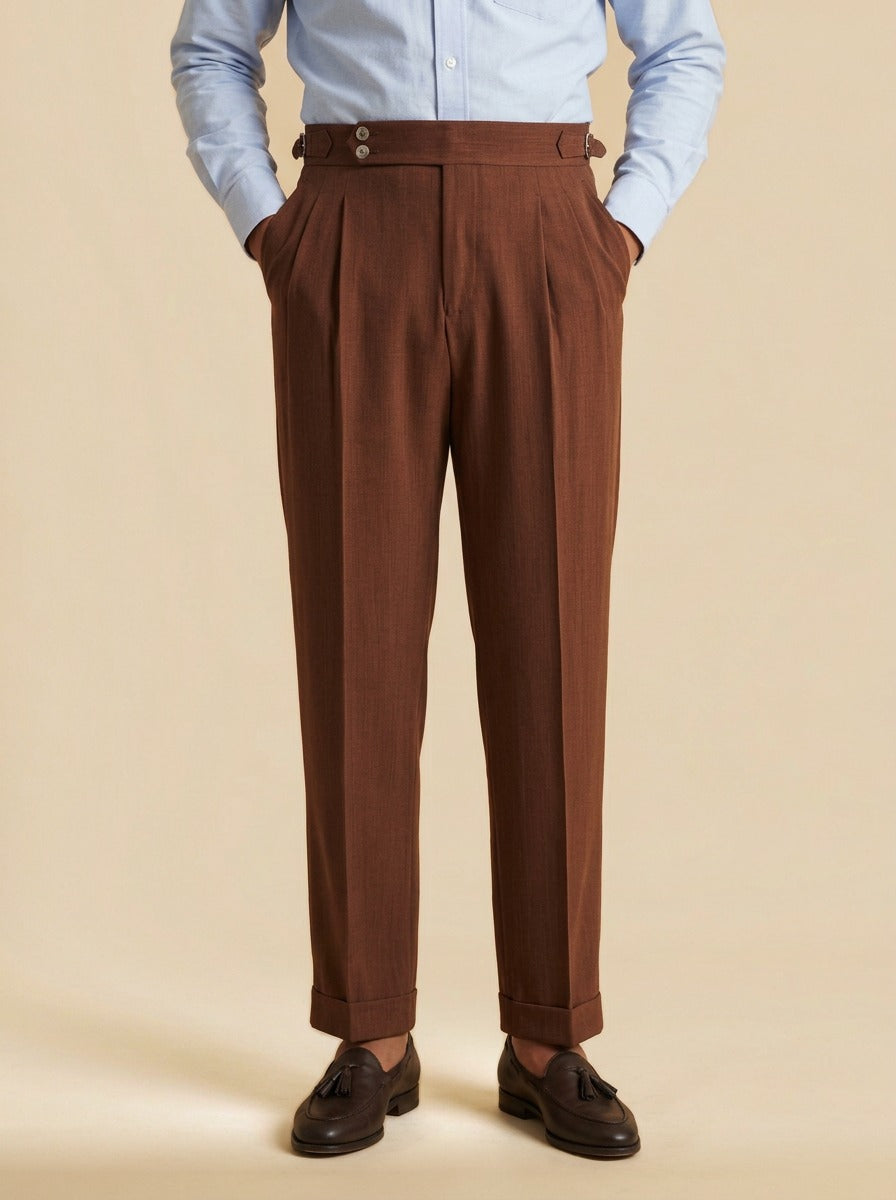 Somerset side buckle pleated trousers in Brown, studio, Gentlemens Manor