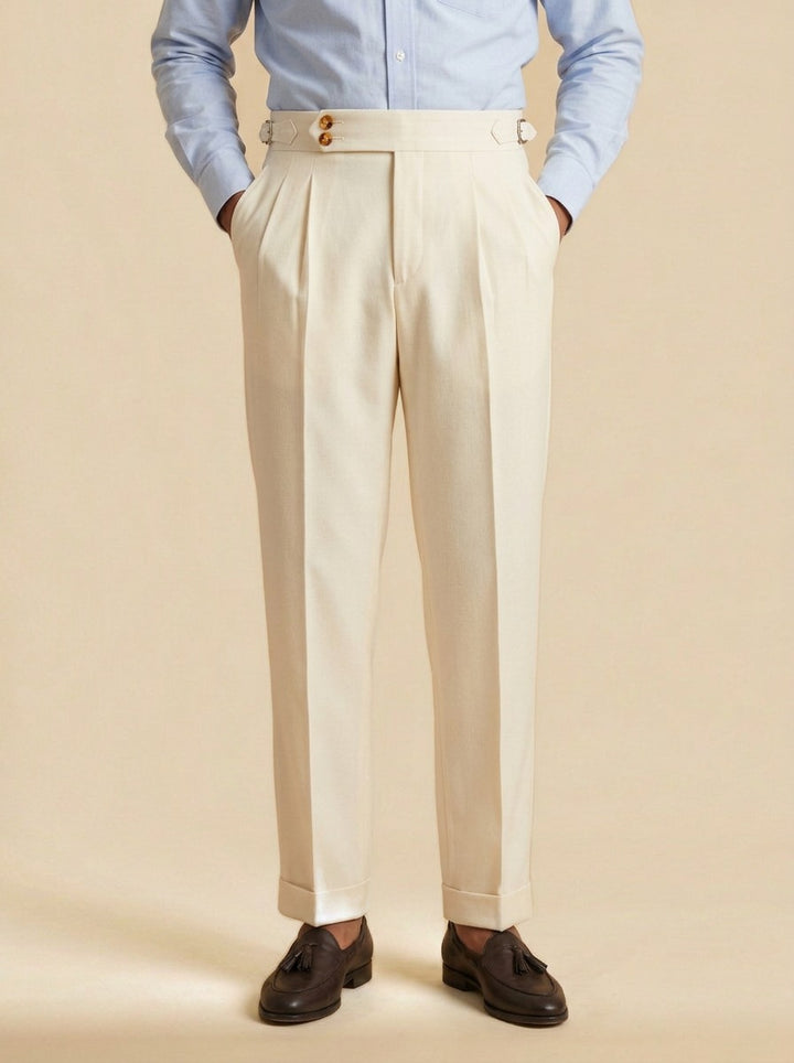 Somerset side buckle pleated trousers in Cream, studio, Gentlemens Manor