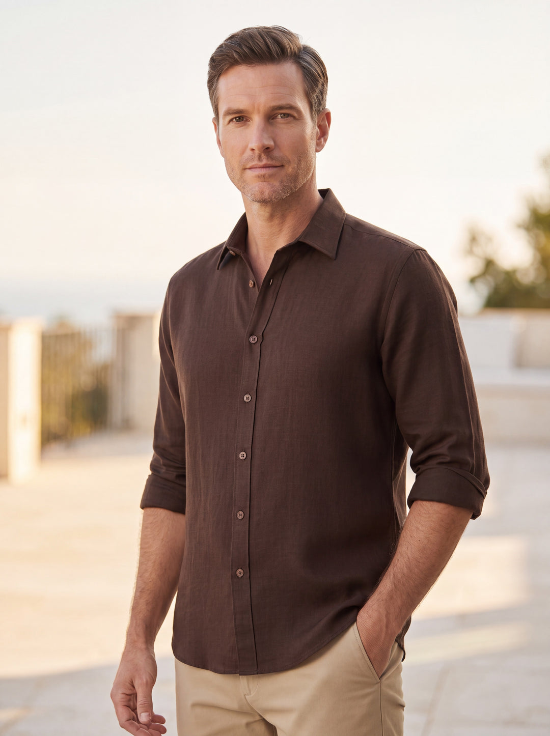 Spencer shirt in Brown, worn by a model in a Mediterranean setting - Gentlemens Manor lifestyle