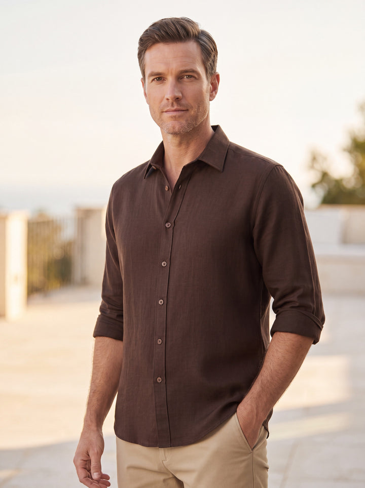 Spencer shirt in Brown, worn by a model in a Mediterranean setting - Gentlemens Manor lifestyle
