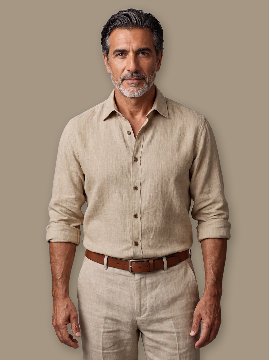 Spencer casual shirt in Sand, worn by a model on a warm taupe studio background - Gentlemens Manor