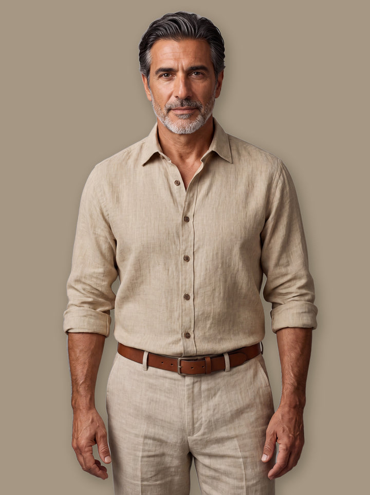 Spencer casual shirt in Sand, worn by a model on a warm taupe studio background - Gentlemens Manor