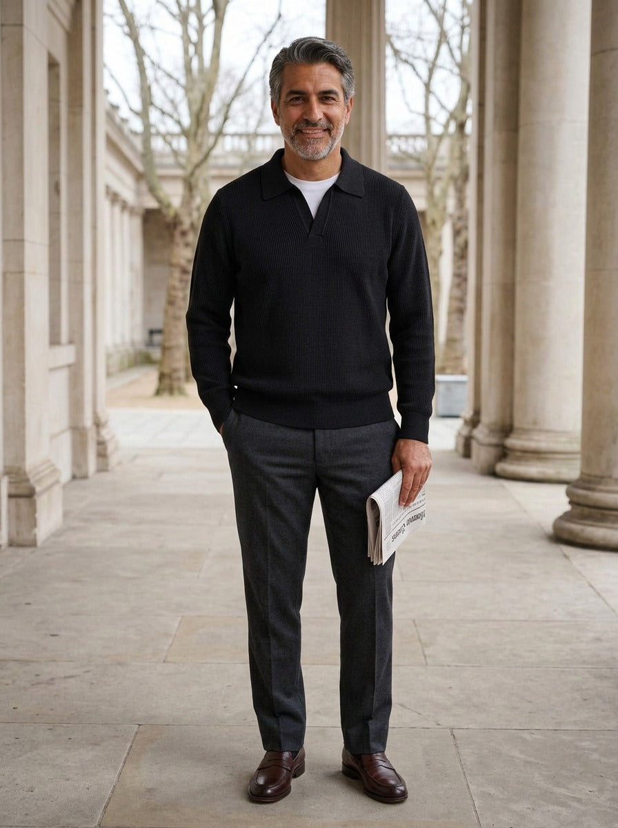 Stafford sweater in Black, lifestyle in a stone colonnade, Gentlemens Manor