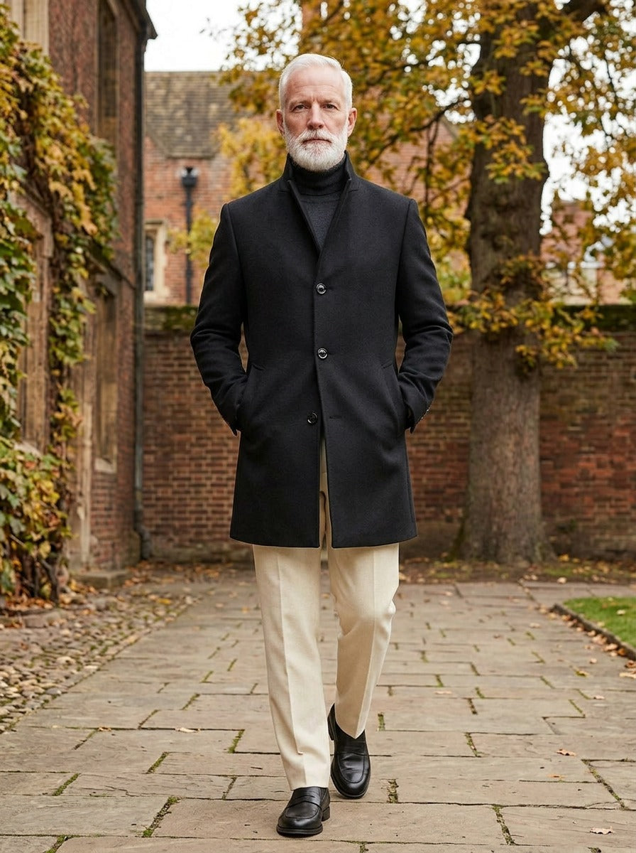 Stanhope overcoat in Black, lifestyle in a brick college courtyard, Gentlemens Manor