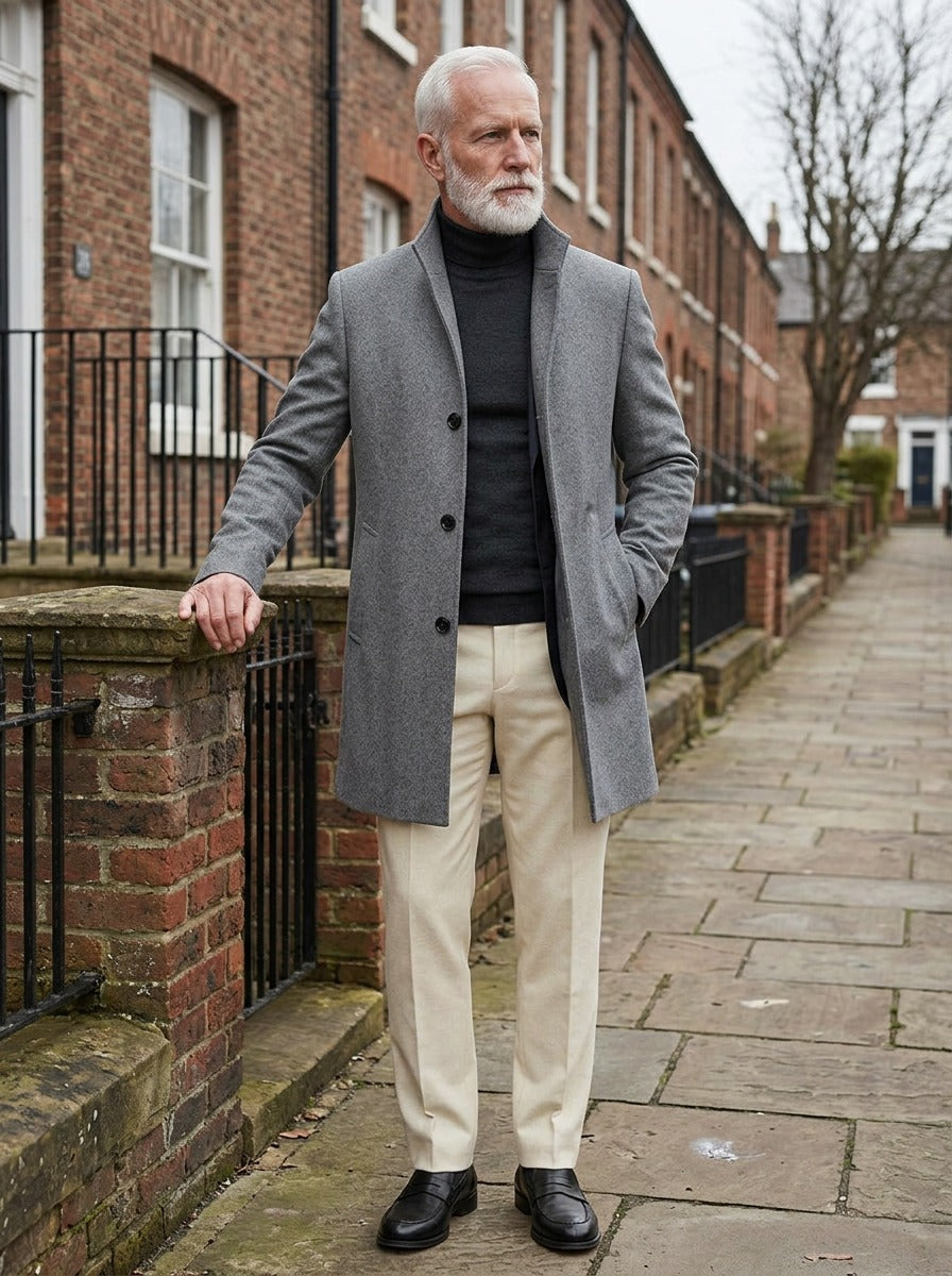 Stanhope overcoat in Grey, lifestyle on a street of brick row houses, Gentlemens Manor
