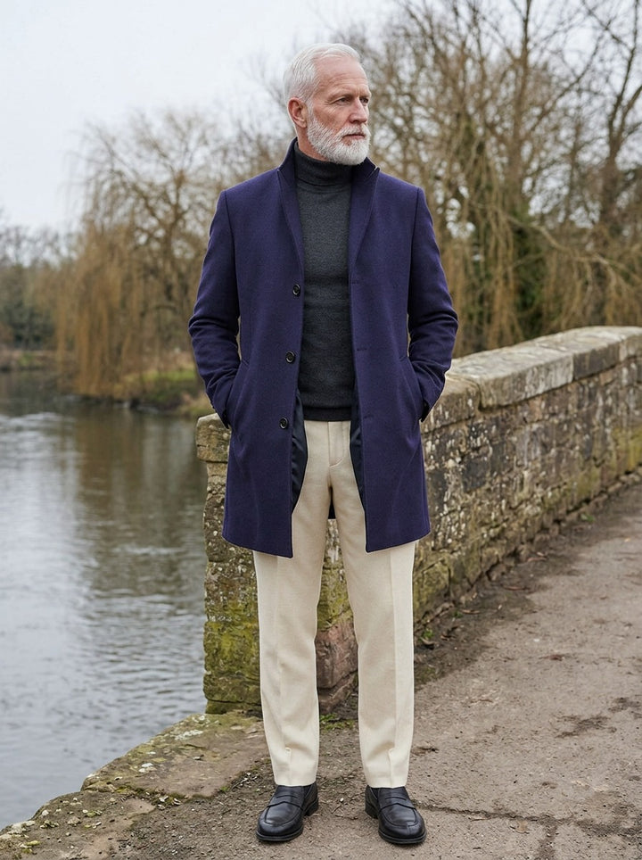 Stanhope overcoat in Navy, lifestyle on a stone footbridge, Gentlemens Manor