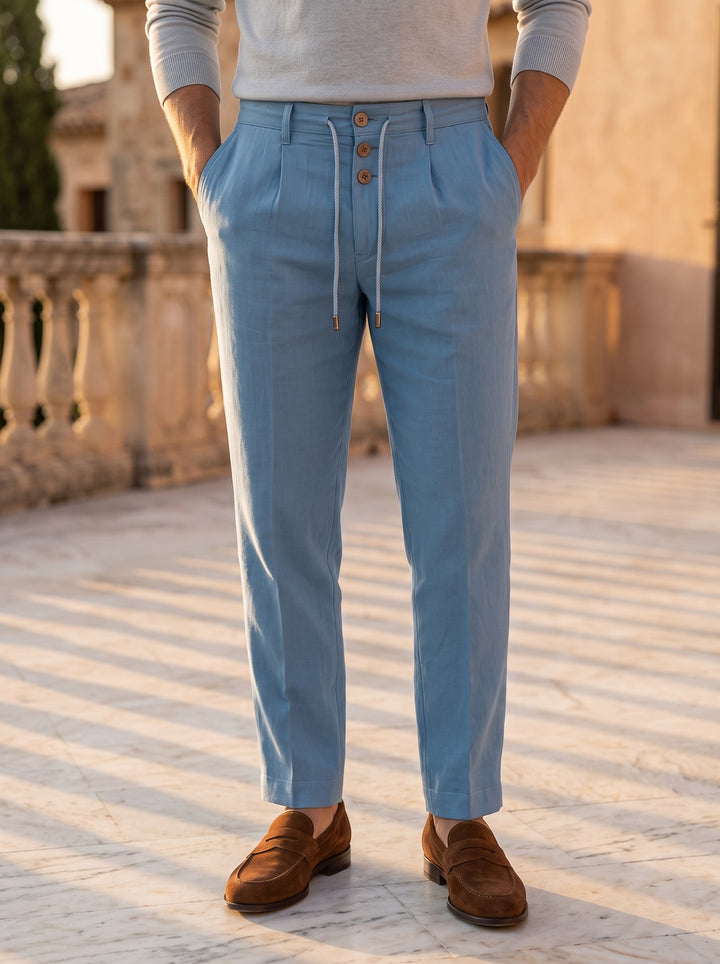 Stanley linen trousers in Blue, lifestyle, Gentlemens Manor