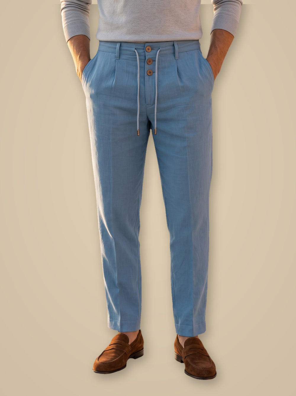 Stanley linen trousers in Blue, studio, Gentlemens Manor