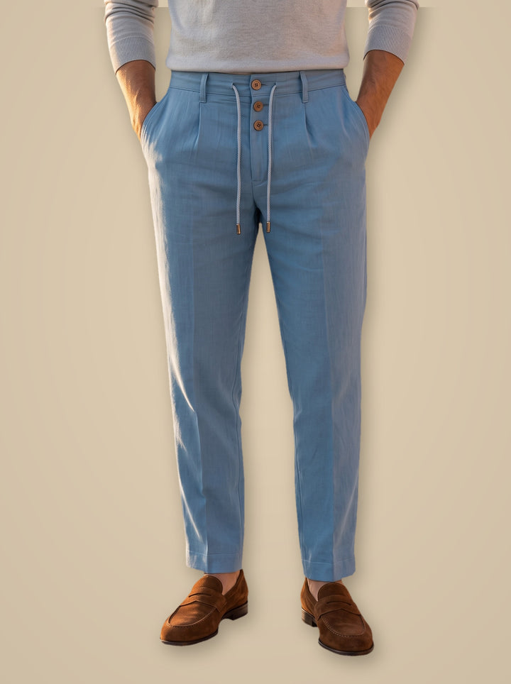 Stanley linen trousers in Blue, studio, Gentlemens Manor