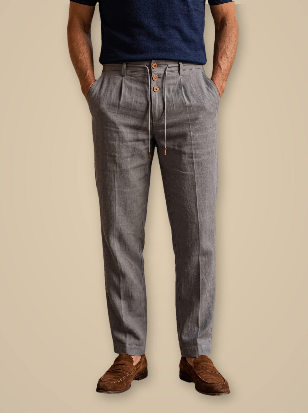 Stanley linen trousers in Grey, studio, Gentlemens Manor