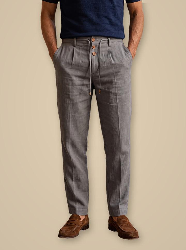 Stanley linen trousers in Grey, studio, Gentlemens Manor