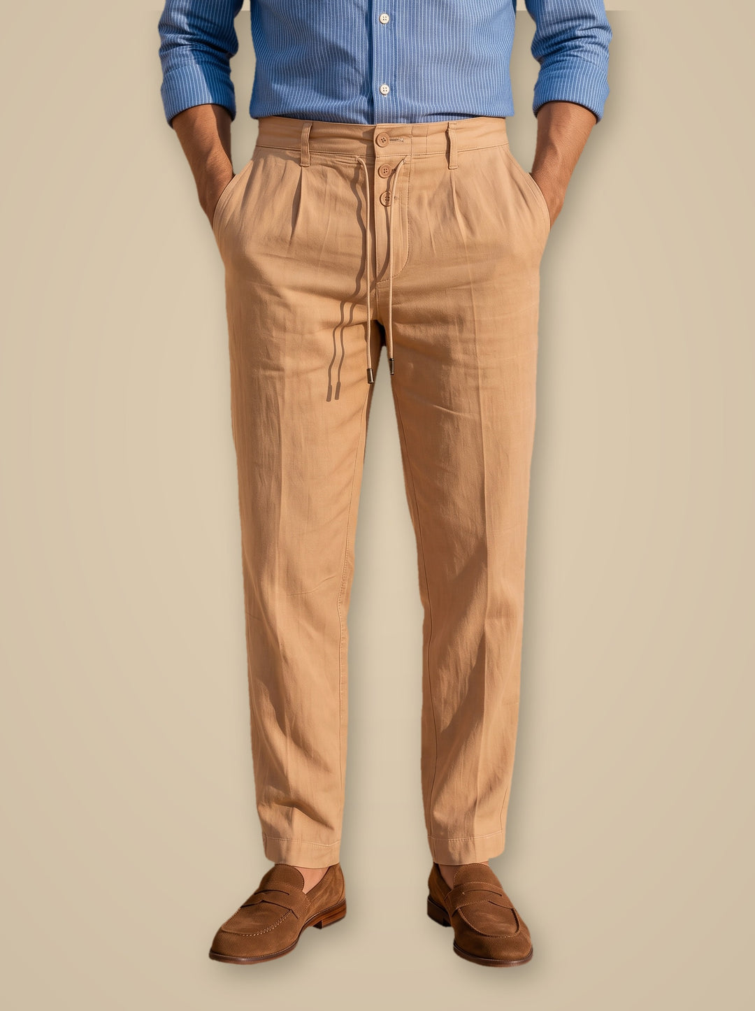 Stanley linen trousers in Sand, studio, Gentlemens Manor