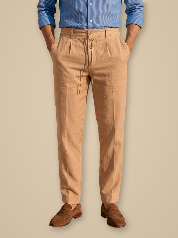 Stanley linen trousers in Sand, studio, Gentlemens Manor
