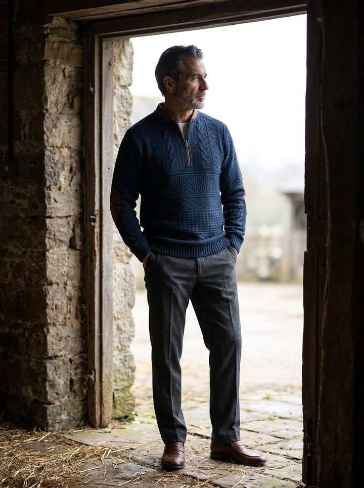 Stanton textured knit sweater in Blue, lifestyle, Gentlemens Manor