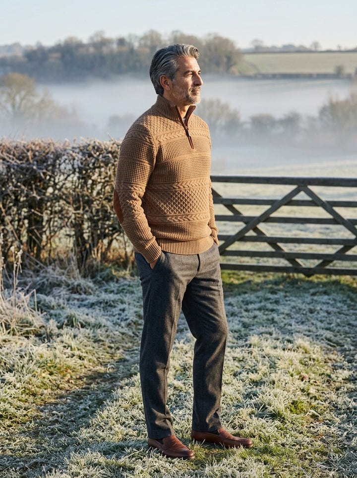 Stanton textured knit sweater in Brown, lifestyle, Gentlemens Manor