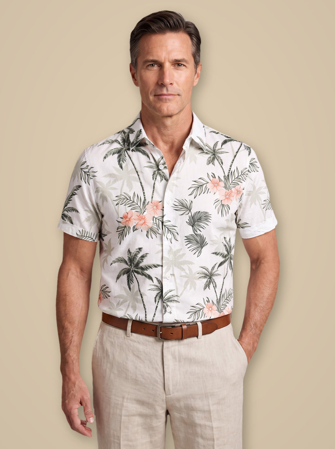 Sterling casual shirt in White, worn by a model on a warm taupe studio background - Gentlemens Manor