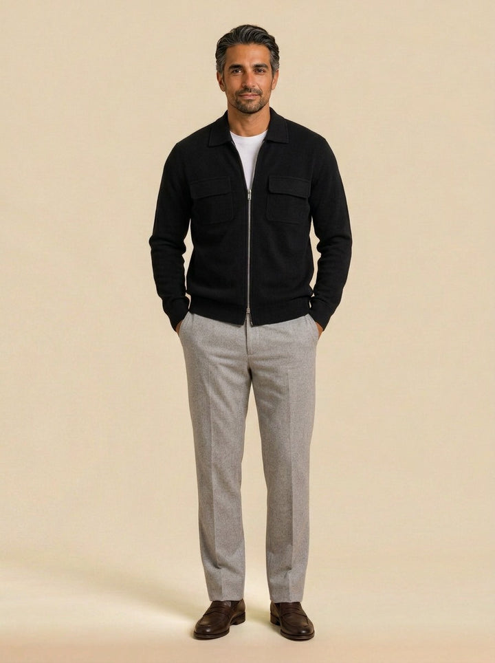 Stockton zip knit jacket chest pockets in Black, studio, Gentlemens Manor