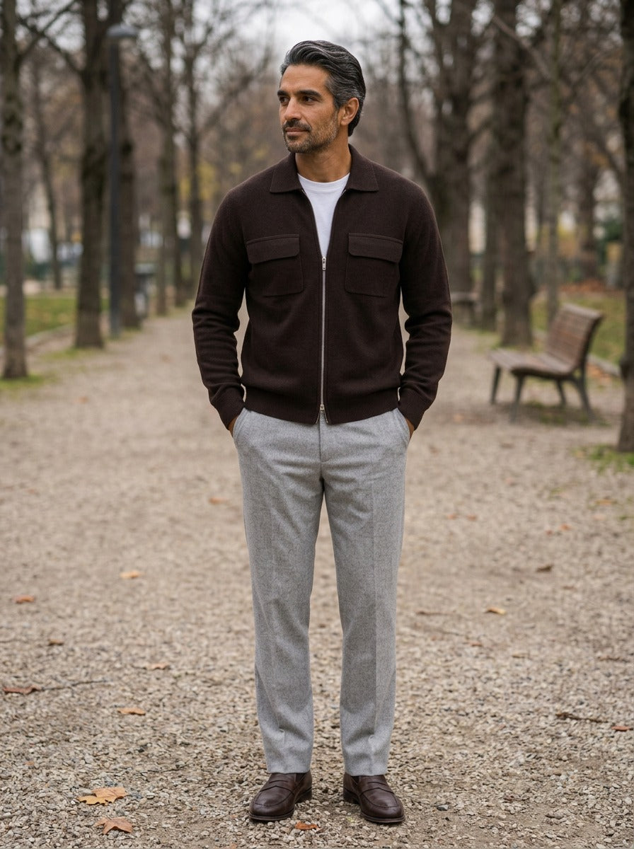Stockton zip knit jacket chest pockets in Brown, lifestyle on a park path, Gentlemens Manor