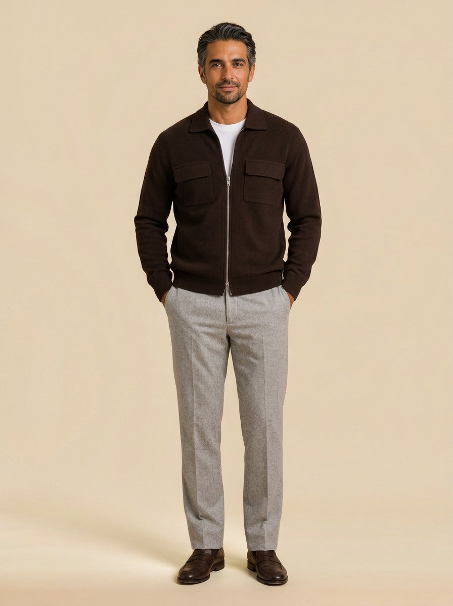 Stockton zip knit jacket chest pockets in Brown, studio, Gentlemens Manor