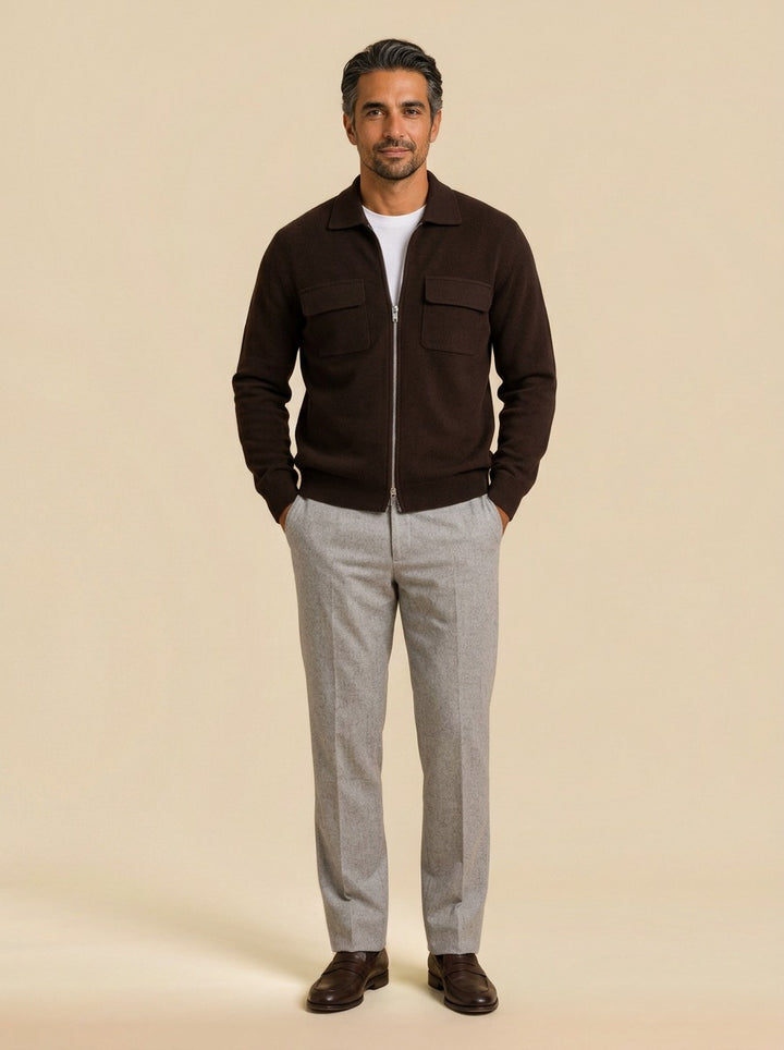 Stockton zip knit jacket chest pockets in Brown, studio, Gentlemens Manor