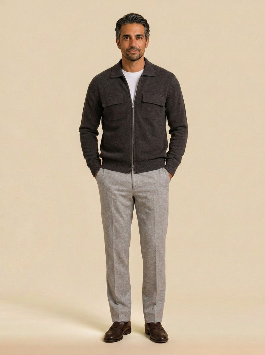 Stockton zip knit jacket chest pockets in Charcoal, studio, Gentlemens Manor
