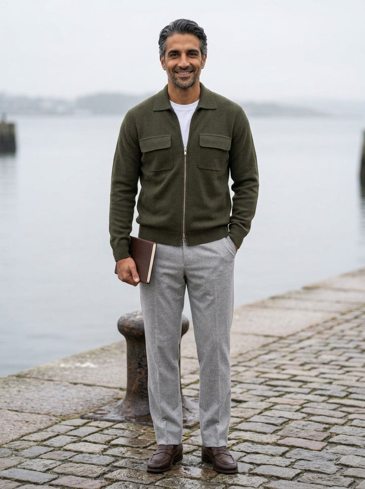 Stockton zip knit jacket chest pockets in Olive, lifestyle on a stone harbor quay, Gentlemens Manor