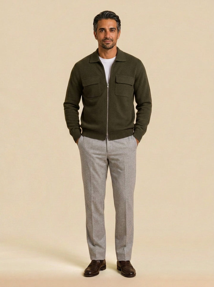 Stockton zip knit jacket chest pockets in Olive, studio, Gentlemens Manor