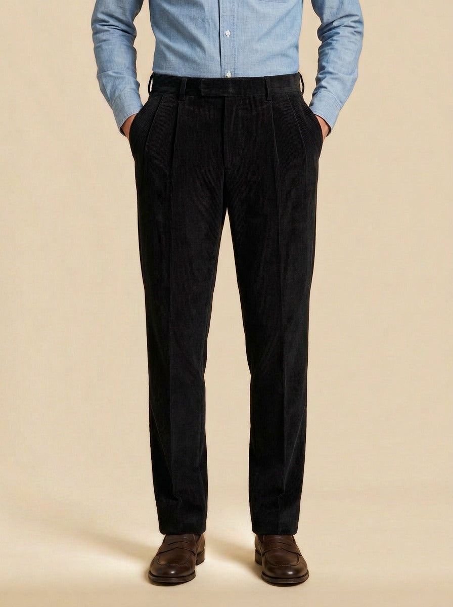 Stoddard pleated corduroy crease trousers in Black, studio, Gentlemens Manor