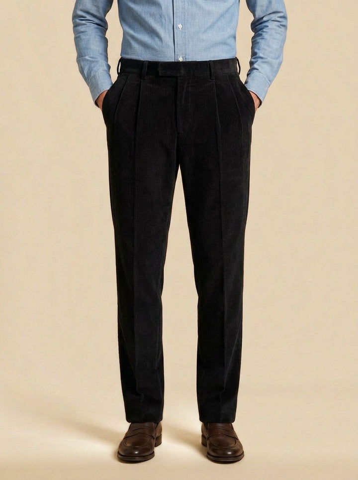 Stoddard pleated corduroy crease trousers in Black, studio, Gentlemens Manor