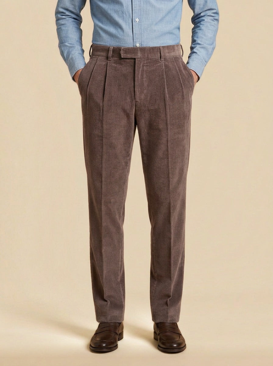 Stoddard pleated corduroy crease trousers in Brown, studio, Gentlemens Manor