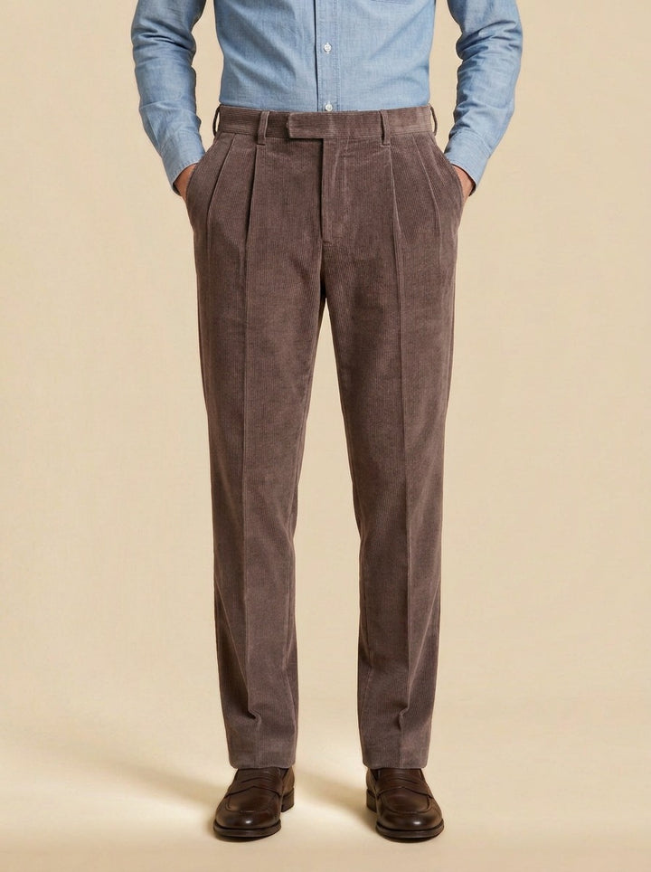 Stoddard pleated corduroy crease trousers in Brown, studio, Gentlemens Manor