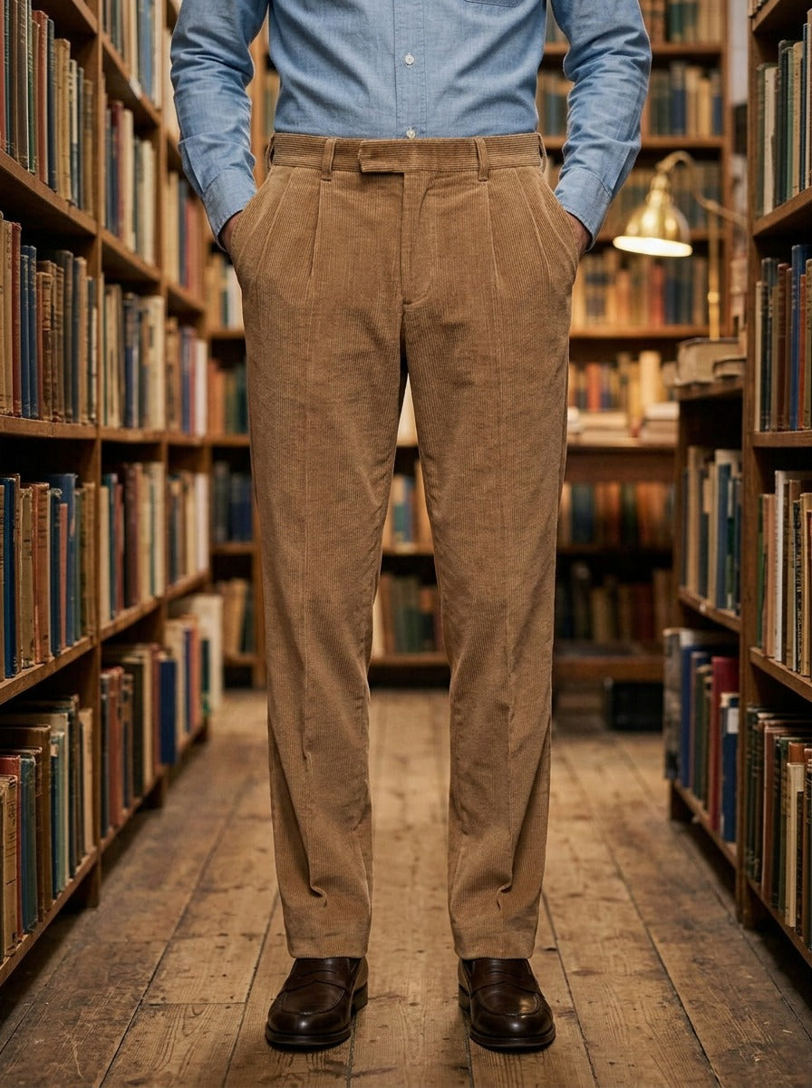Stoddard pleated corduroy crease trousers in Camel, lifestyle in a secondhand bookshop, Gentlemens Manor