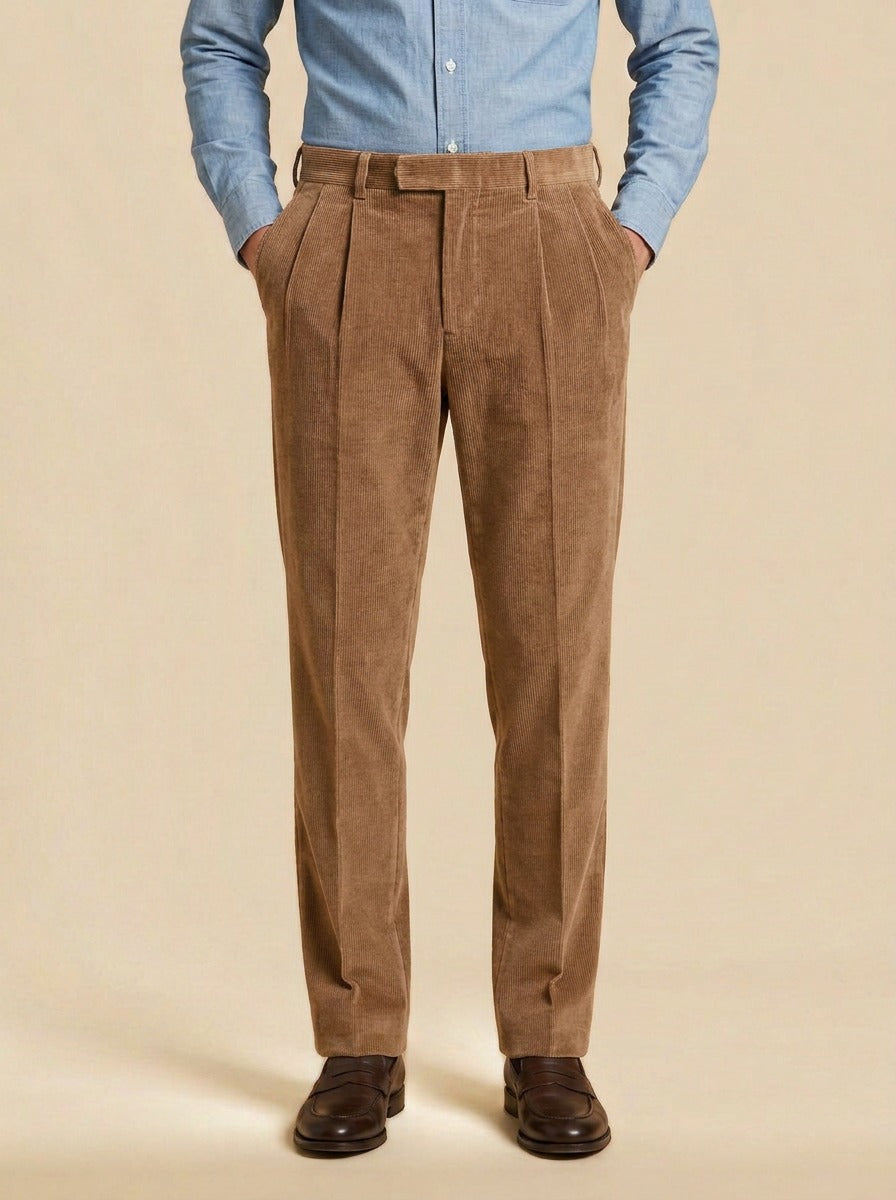 Stoddard pleated corduroy crease trousers in Camel, studio, Gentlemens Manor