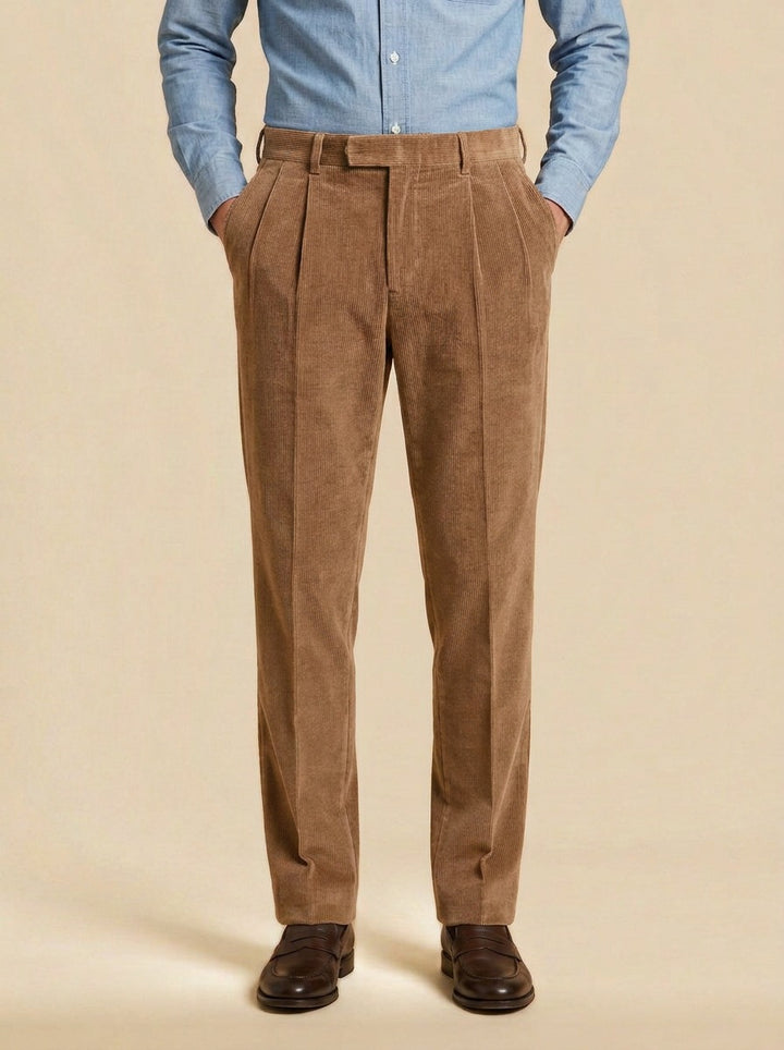 Stoddard pleated corduroy crease trousers in Camel, studio, Gentlemens Manor
