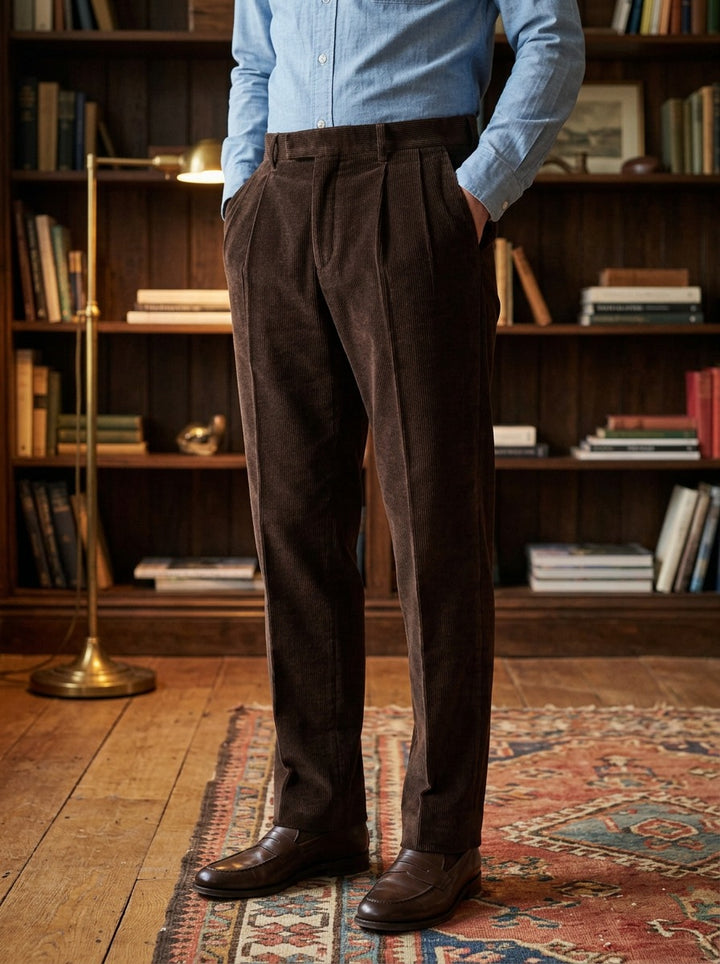 Stoddard pleated corduroy crease trousers in Dark Brown, lifestyle in a private study, Gentlemens Manor