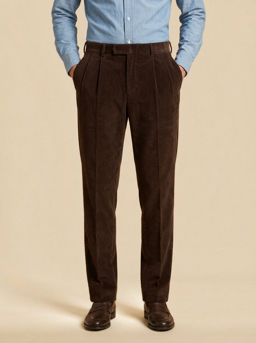 Stoddard pleated corduroy crease trousers in Dark Brown, studio, Gentlemens Manor