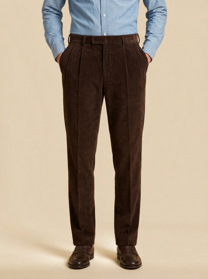 Stoddard pleated corduroy crease trousers in Dark Brown, studio, Gentlemens Manor