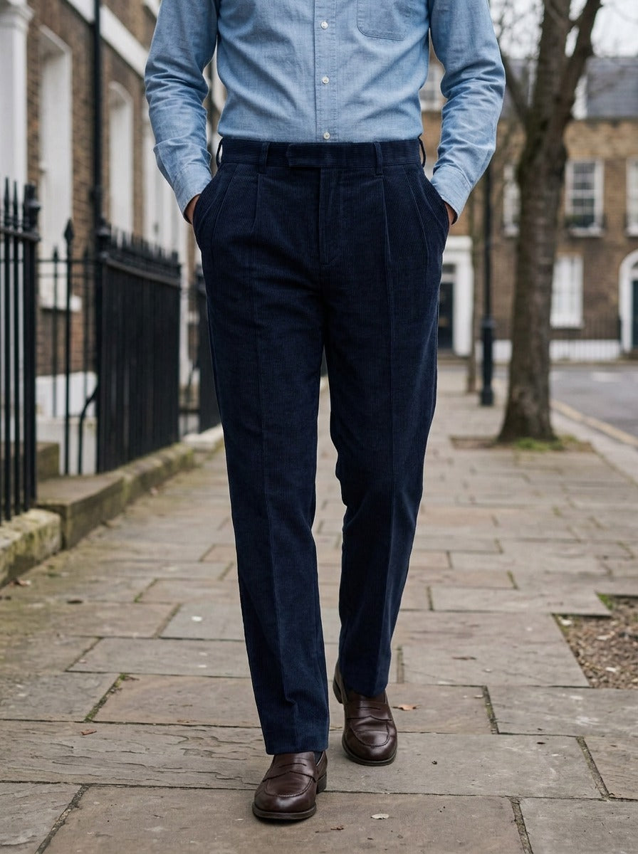 Stoddard pleated corduroy crease trousers in Navy, lifestyle on a street of brick row houses, Gentlemens Manor